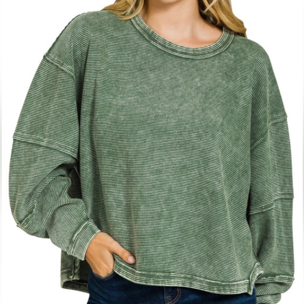Zenana Outfitters Washed Olive Green Ribbed Crew Sweatshirt
